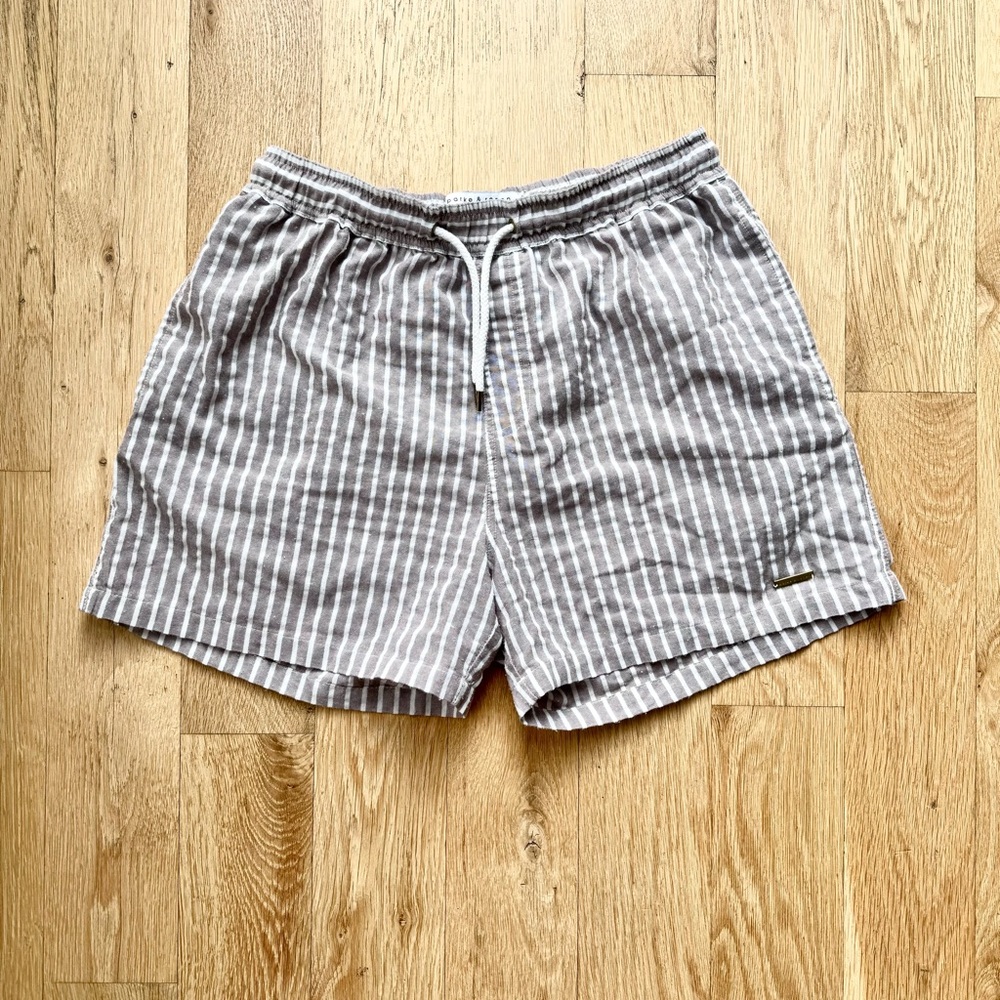 Parke and Ronen linen shorts. Tan / whiter stripe. Size: L